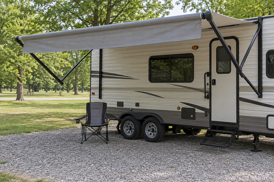 Extended patio awning beside a travel trailer