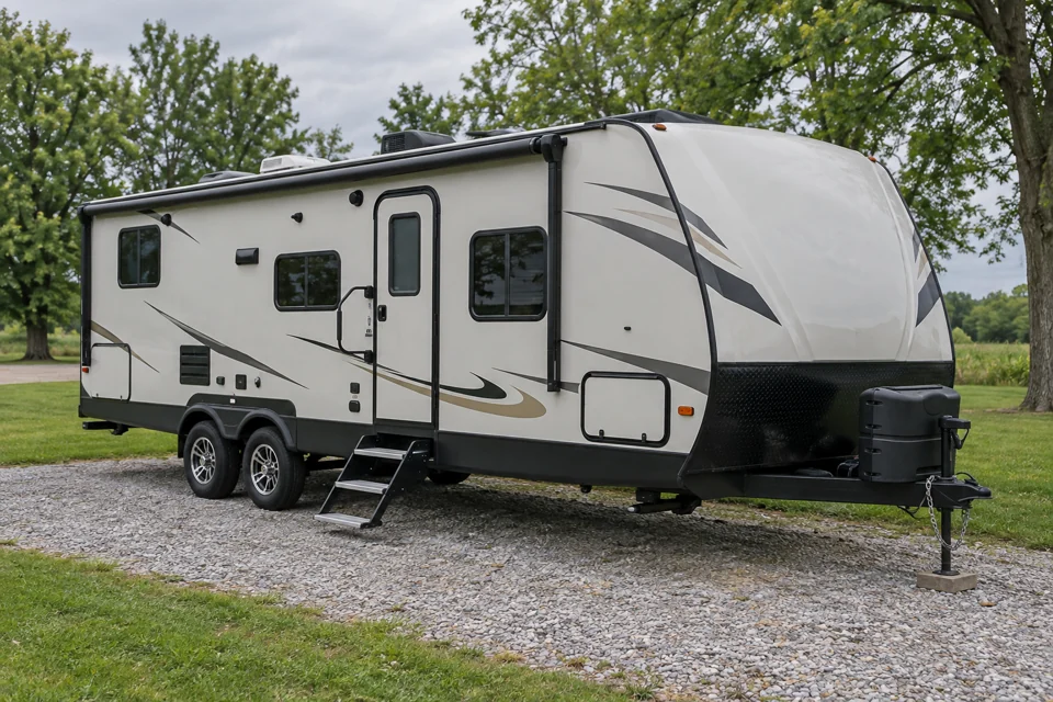 Off-white travel trailer parked on a level gravel pad beside grass and deciduous trees.