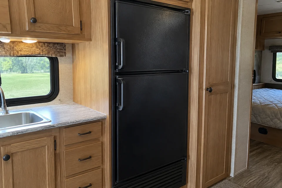 Closed refrigerator fitted into an RV kitchen