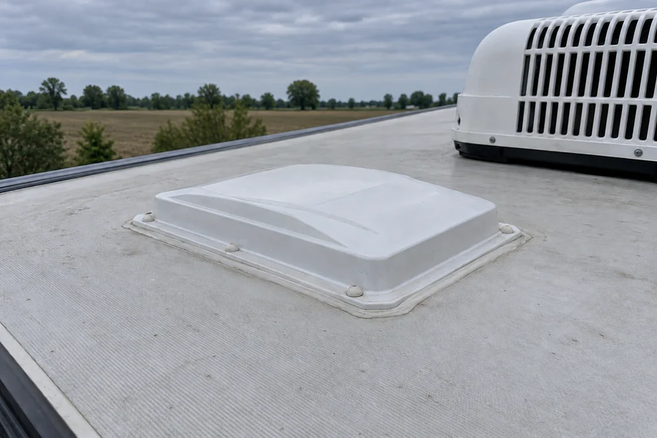 RV roof membrane, closed vent and air-conditioner shroud