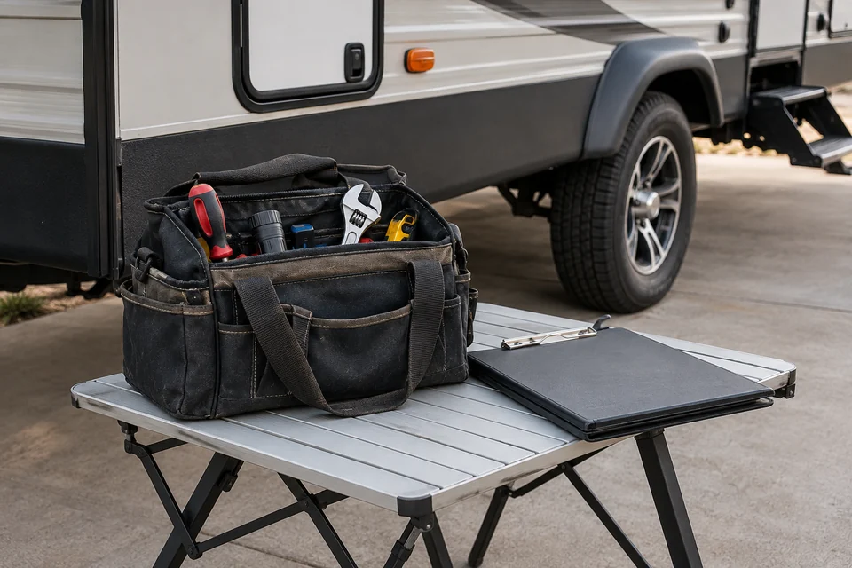 Tool bag and clipboard beside a parked RV