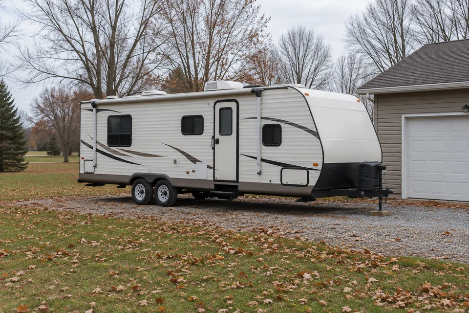 Travel trailer parked beside a garage in autumn